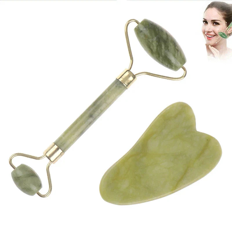 Jade Facial Roller & Gua Sha Scraping Too; Beauty Massager Green